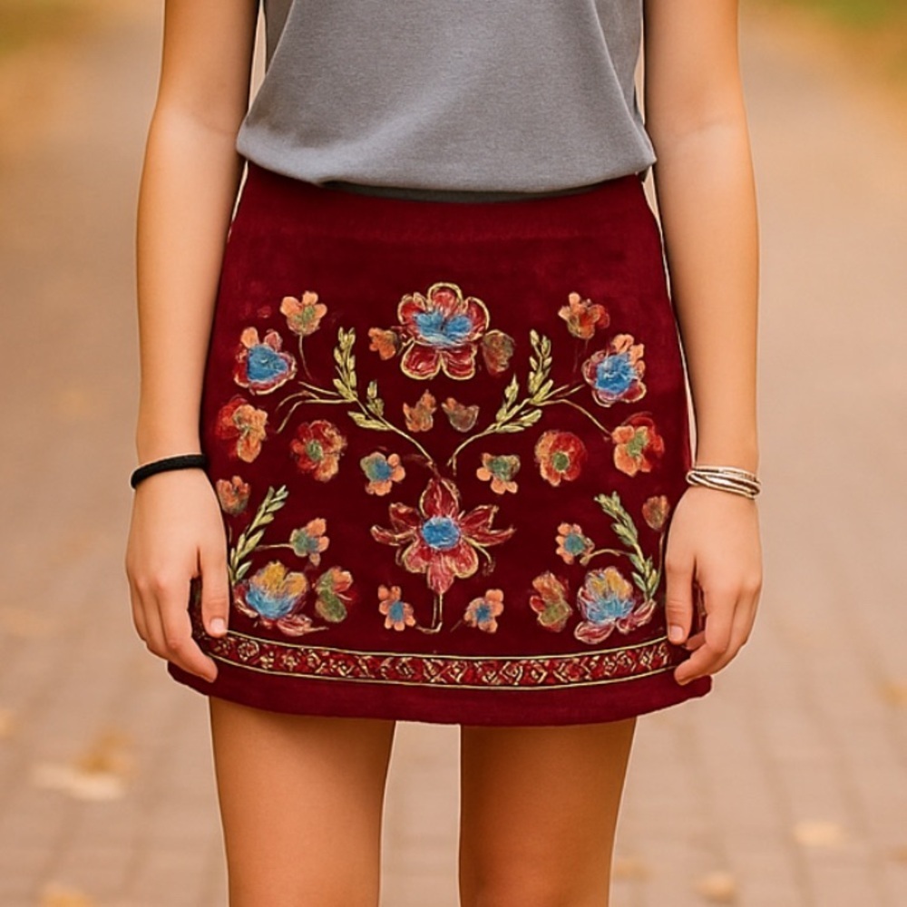 Flying Tomato Women's Burgundy Velvet-like Embroidered Floral Design EUC S #1194 - Picture 2 of 8